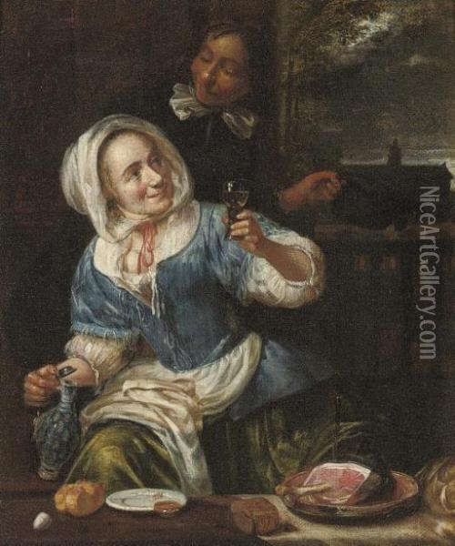 A Gentleman Courting A Maid In A Kitchen Interior Oil Painting - Jacob Van Toorenvliet