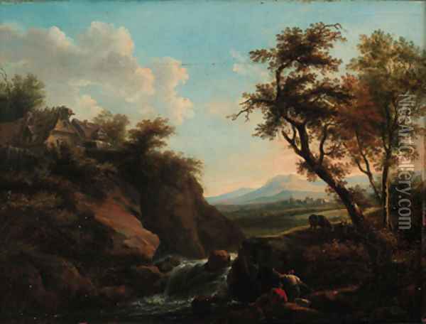Figures in a rocky river landscape with a town beyond Oil Painting - Francesco Zuccarelli