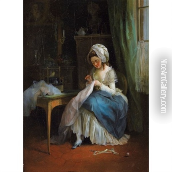 Jeune Fille Brodant Dans Un Interieur Oil Painting - Jean Francois Garneray