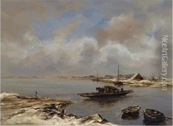 'le Bac' (the Ferry) Oil Painting - Johann Hendrik Van Mastenbroek