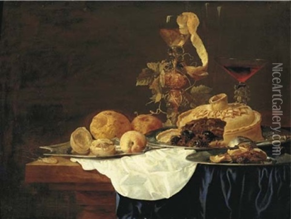 A Pie On A Silver Plate, A Lemon And Peaches On A Platter, With Hazlenuts On A Plate, A Roemer And A Glass Of Red Wine On A Partly-draped Table Oil Painting - Christiaan Luycks