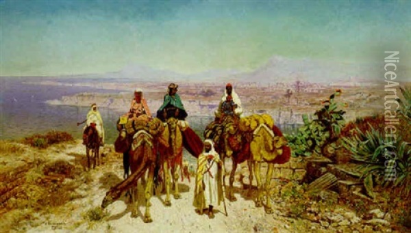 An Arab Caravan Above Tunis Oil Painting - Edmund Berninger