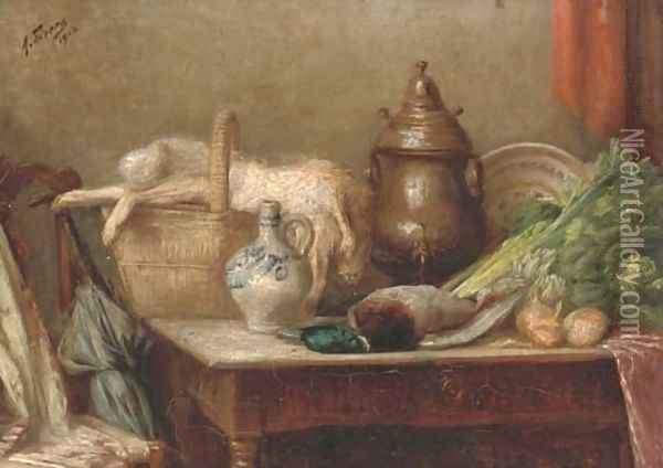 Hare, duck, cabbage, onions and a jug on a table Oil Painting - Continental School