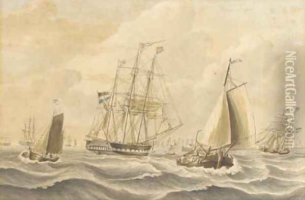 The Dutch barque Cornelia off a fleet anchorage Oil Painting - Johannes Hermanus Koekkoek