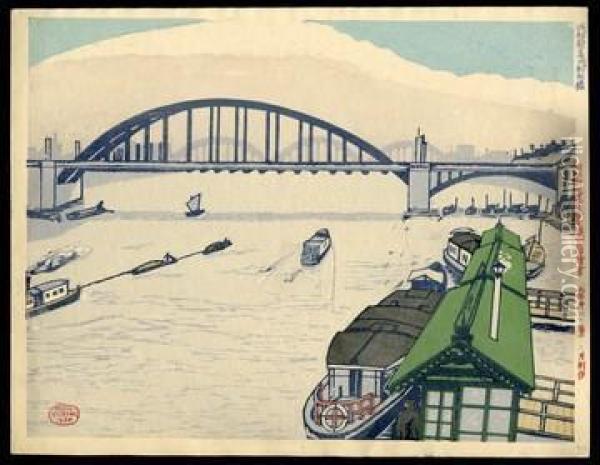Komagata Bridge And Steamer Terminal Oil Painting - Koizumi Kishio