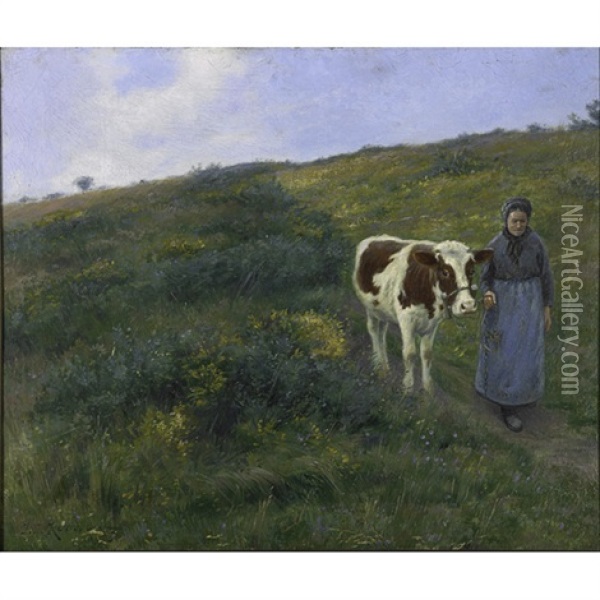 A Pasture With Breton Woman And Cow Oil Painting - Jean Jacques Rousseau
