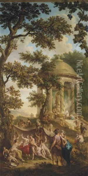 A Bacchanal In A Wooded Landscape, A Temple With An Offer To Bacchus Beyond, In A Trompe L'oeil Frame Oil Painting - Jurriaan Andriessen