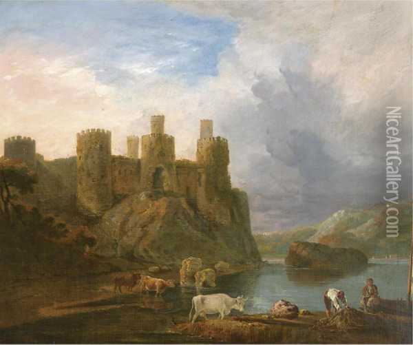 Figures And Cattle Before Conway Castle Oil Painting - John Inigo Richards