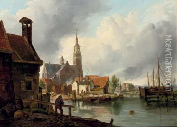 A Shipwharf In Maassluis Oil Painting - Petrus Augustus Beretta