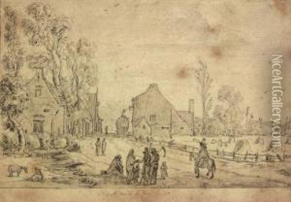 A Village Scene With Harvesters And A Horseman On A Track Oil Painting - Esaias Van De Velde