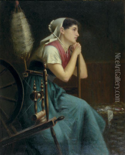 Young Woman At A Spinning Wheel Oil Painting - William Morgan