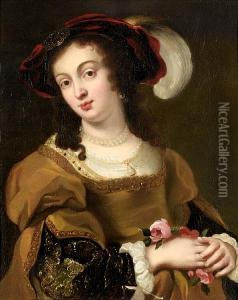 Portrait Of A Young Woman, 
Half-length, In A Gold Dress With A Crimson Plumed Hat, Holding Roses Oil Painting - Jan Cossiers