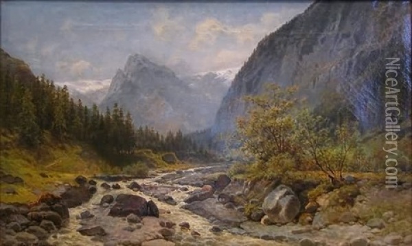 Mountain Landscape With Rocky Stream Oil Painting - Julius Karl Rose