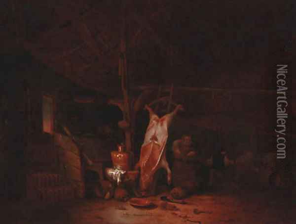 The interior of a barn, with a slaughtered pig, a maid and two fighting peasants Oil Painting - Hendricksz. Bogaert