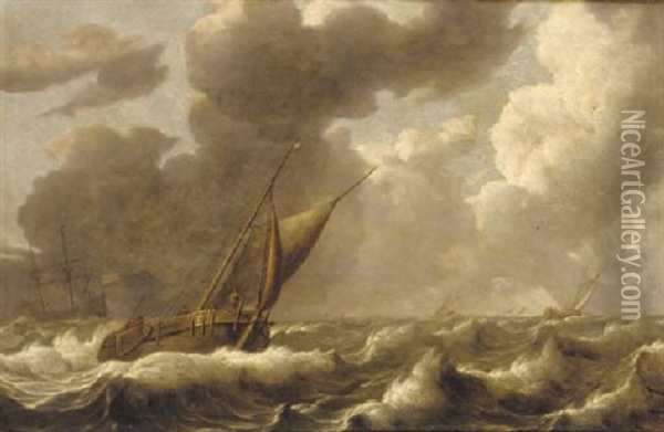 A Stormy Seascape With French Frigates And Other Shipping Oil Painting - Ludolf Backhuysen the Elder