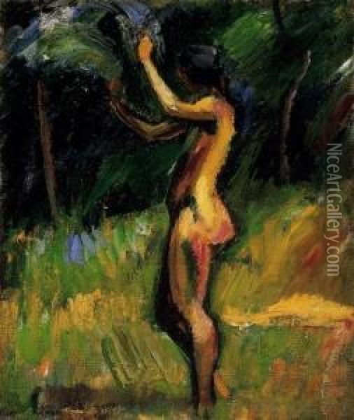 Nude In The Open Air, About 1919 Oil Painting - Gyula Derkovits