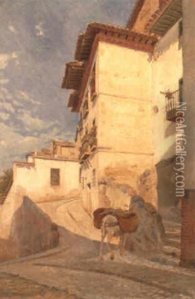 Gade I Granada. Med Pak+sel. Hvide Huse I Sol Oil Painting - Theodor Philipsen