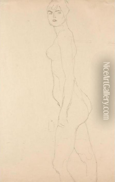 Akt Nach Links, Studie Fur 'die 
Freundinnen' (nude Turned To The Left, Study For 'die Freundinnen') Oil Painting - Gustav Klimt