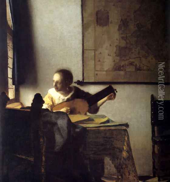 Woman with a Lute near a Window c. 1663 Oil Painting - Jan Vermeer Van Delft
