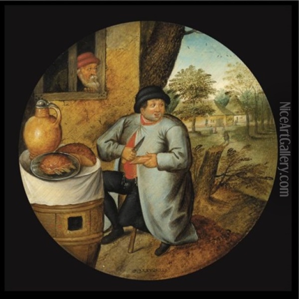 A Flemish Proverb: The Man Who Cuts Wood And Meat With The Same Knife Or A Man Eating Seated At A Barrel Which Has Been Set As A Table Oil Painting - Pieter Brueghel the Younger