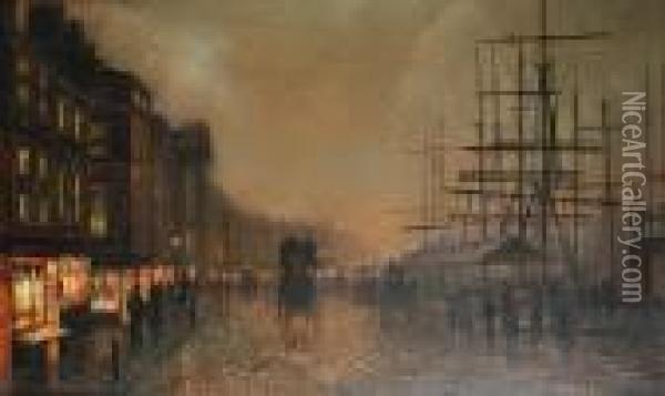 A Harbourside At Night, Believed To Beliverpool Oil Painting - Walter Meegan