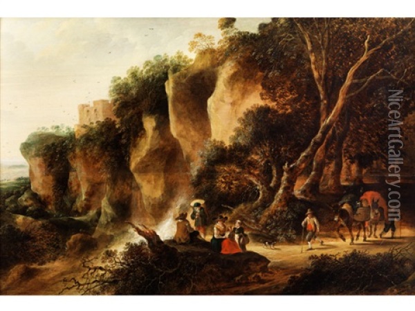 Felsige Landschaft Mit Wasserfall, Einer Rastenden Gruppe Und Zwei Ziehenden Bauern Oil Painting - Gysbert Gillisz de Hondecoeter
