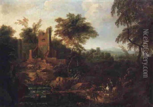 An Italianate Landscape With Huntsmen On Horseback And Hounds, Fishermen And A Rider Oil Painting - Anton Faistenberger