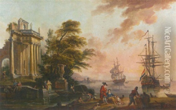 Vue D'un Port Mediterraneen Oil Painting - Jean Baptiste Lallemand