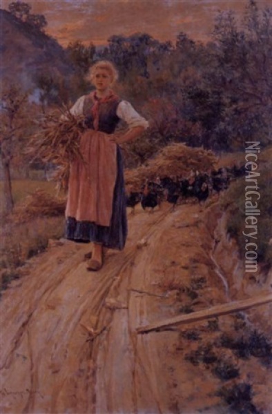 The Wood Carrier With Turkeys Oil Painting - Giuseppe Vizzotto Alberti