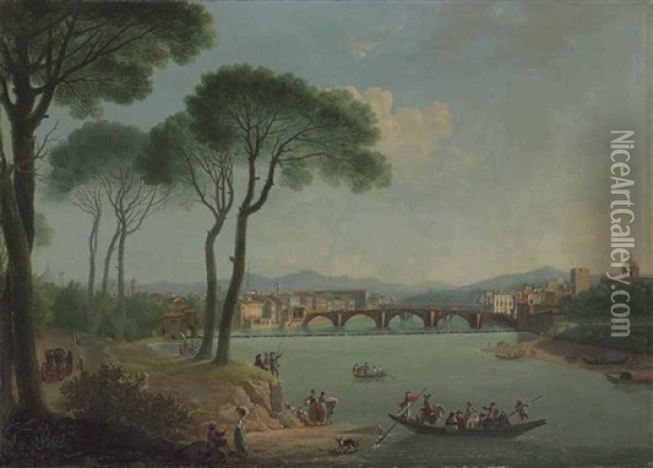 A View Of The Arno, Florence, From The Cascine Gardens, With The Ponte Alla Carita, The Ponte Vecchio Beyond Oil Painting - Thomas Patch