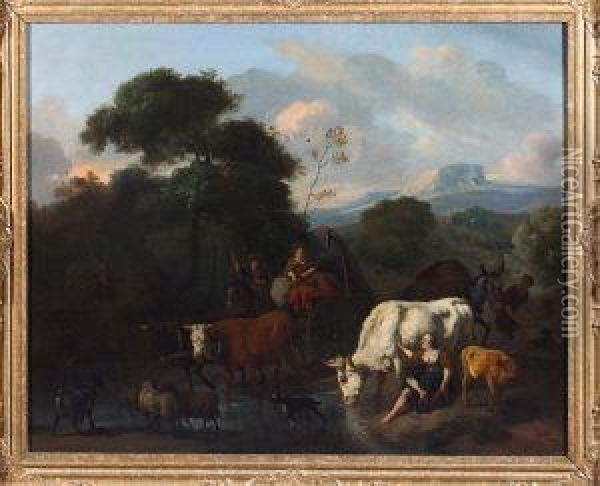 A Pastoral River Landscape With A
 Bullock Cart Crossing A Ford And Other Figures And Animals Nearby Oil Painting - Dirk van Bergen