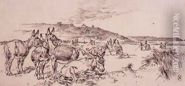 Donkeys on the Golf Course, illustration from Graphic magazine, pub. c.1870 Oil Painting - Henry Sandercock