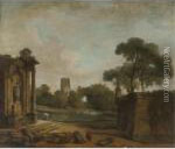 Figures In A Landscape With Roman Ruins And A Gothic Tower Oil Painting - Hubert Robert