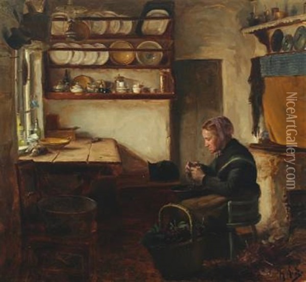 Woman Ribs Elderberries In A Kitchen Oil Painting - Hans Andersen Brendekilde
