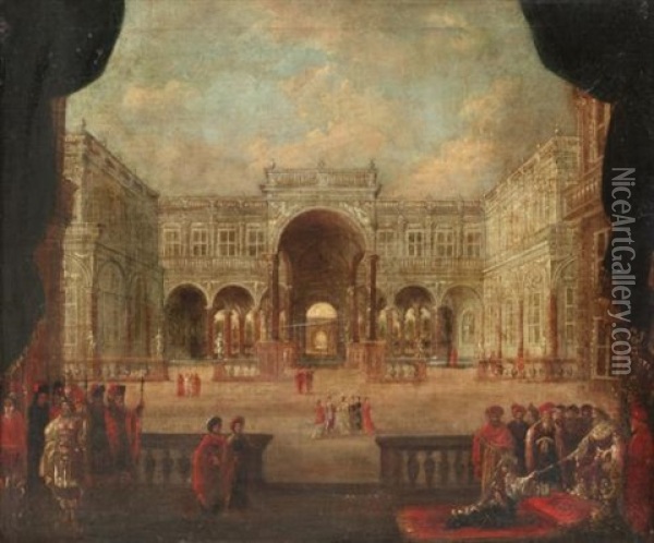 A Palace Capriccio Scene With Esther Before Ahasuerus Oil Painting - Jacob Ferdinand Saeys
