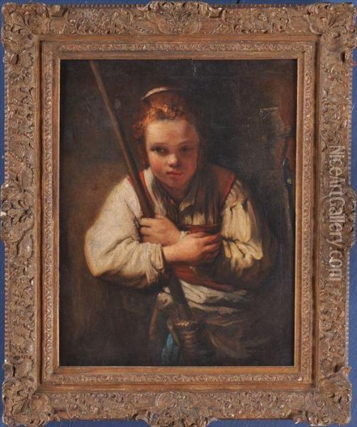Girl With Broom Oil Painting - Rembrandt Van Rijn
