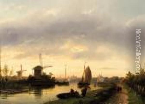 A River Landscape At Dusk, With Haarlem In The Distance Oil Painting - Charles Henri Leickert