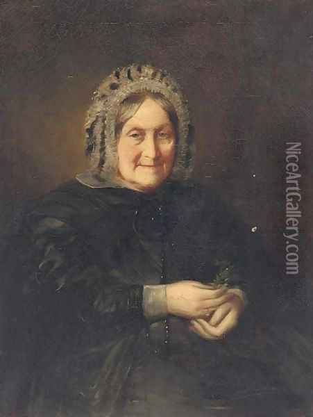 Portrait of a lady, half-length, in a black dress, holding a sprig Oil Painting - English School