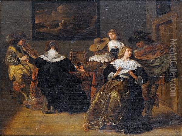 An Elegant Company Drinking And Makingmusic Oil Painting - Pieter Codde