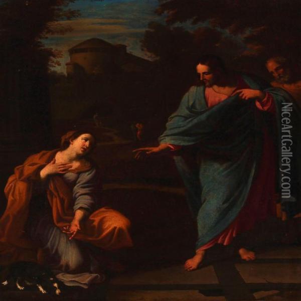 The Canaanite Woman Kneeling Before Christ Asking For Help To Heal Her Daughter Oil Painting - Annibale Carracci