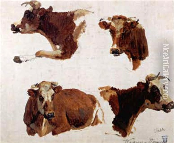 Vier Kuhe (study) Oil Painting - Johann Wagner Deines