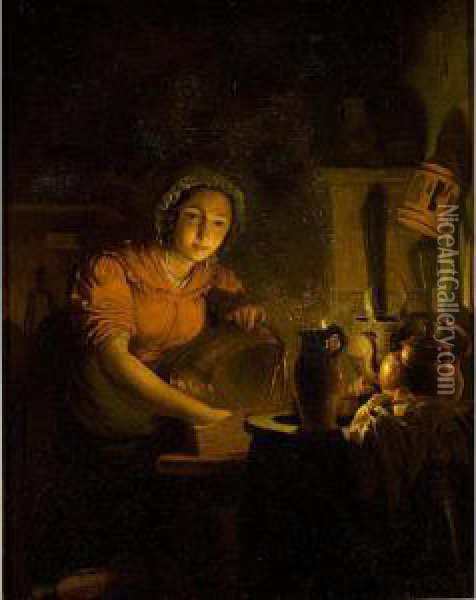 A Maid Polishing Copperware Oil Painting - Johannes Rosierse