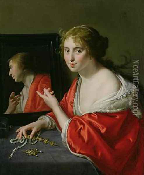 Vanitas a young woman seated at her dressing table 1632 Oil Painting - Paulus Moreelse