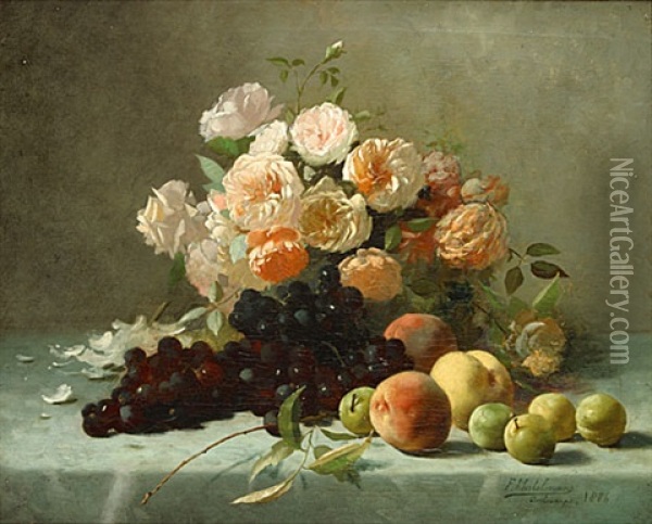 Stilleven Met Rozen En Fruit Oil Painting - Frans Mortelmans