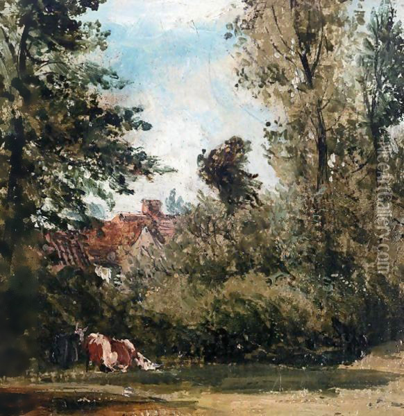A Cottage Hidden By Trees, Cows Grazing In The Foreground Oil Painting - Frederick Waters Watts