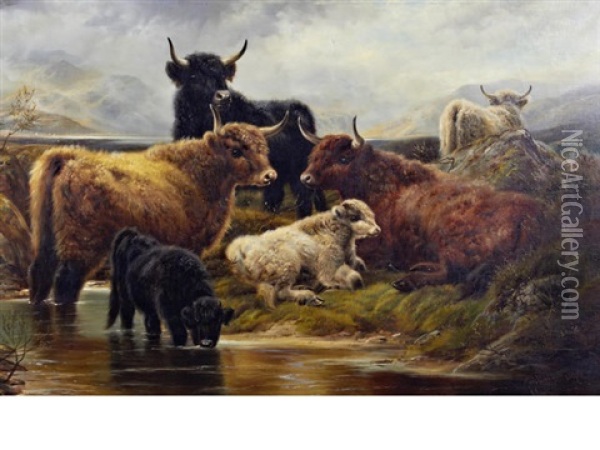 Highland Cattle By The Loch Side Oil Painting - Robert Watson