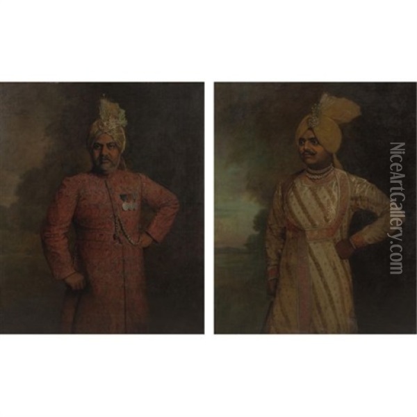 Portraits Of Bengali Princes (pair) Oil Painting - E.A. Harris