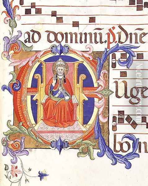 Ms 572 f.125r Historiated initial 'E' depicting St. Peter as the first bishop of Rome from an antiphon from Santa Maria del Carmine Oil Painting - Don Simone Camaldolese