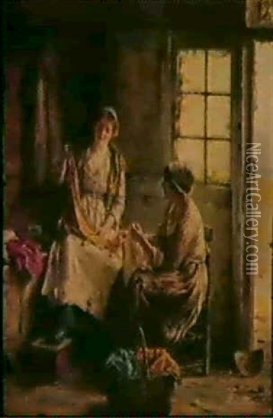 Wascherinnen. Zwei Junge Frauen Beim                        Legen Der Wasche Oil Painting - Edward Antoon Portielje