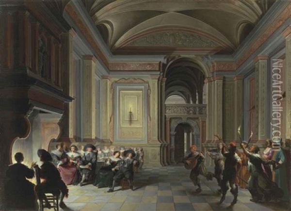A Palatial Interior With Figures Dining And Carnival Revellers Oil Painting - Dirck Van Delen
